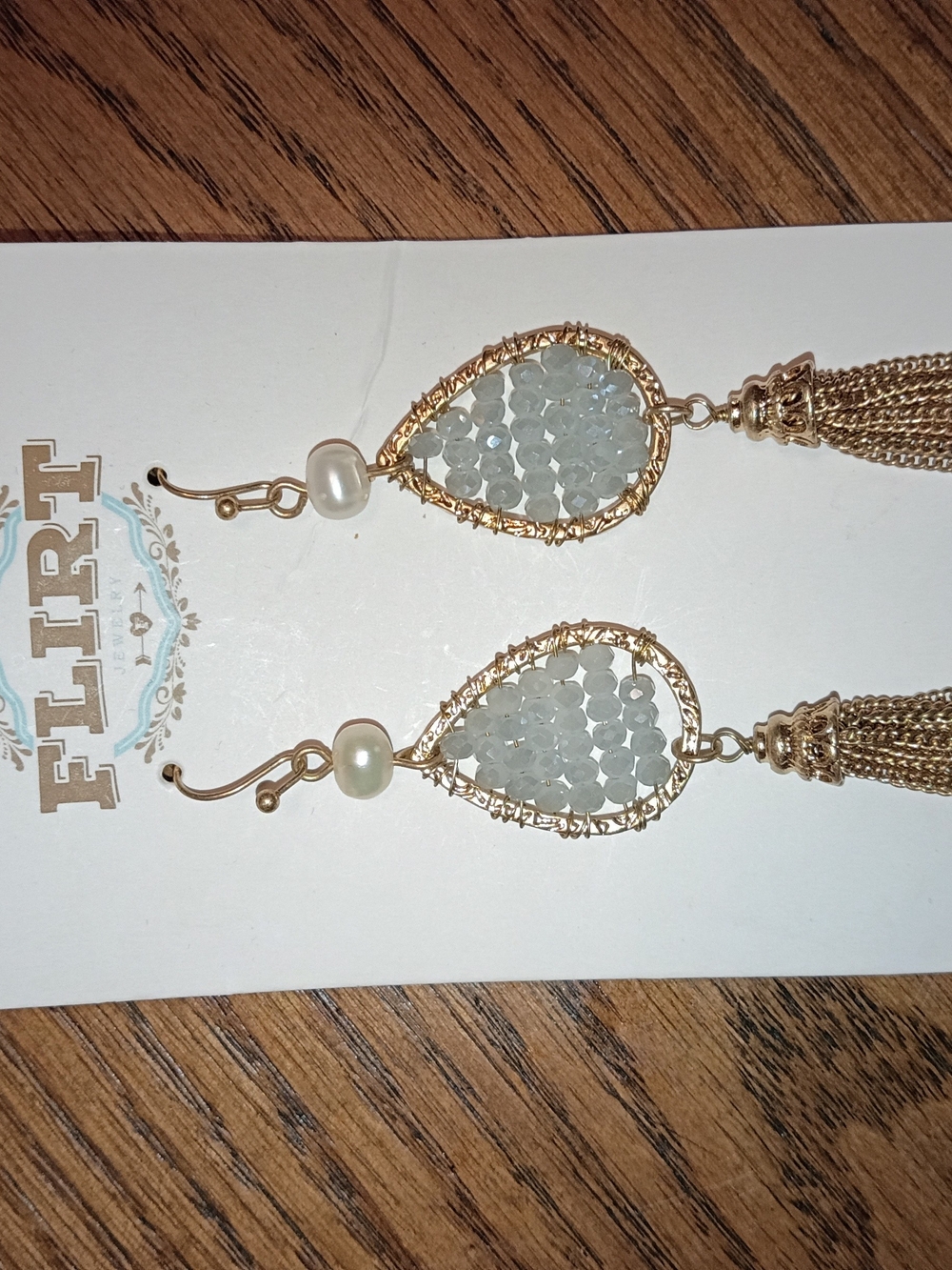 Flirty Gold Teardrop Tassel Earrings with Light Blue Beads